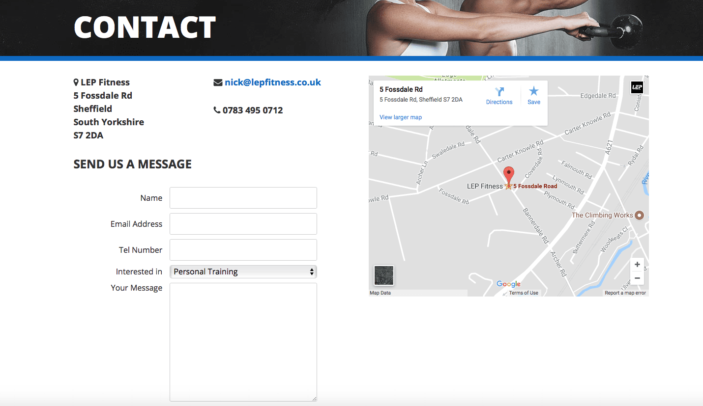 contact page for LEP Fitness sheffield 